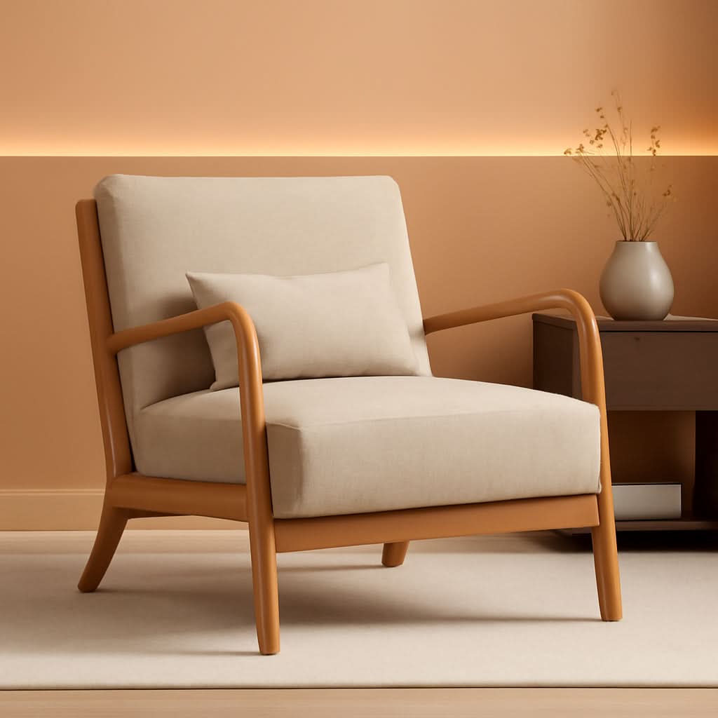 Beige Luxuriously Upholstered Mid Century Modern Chair