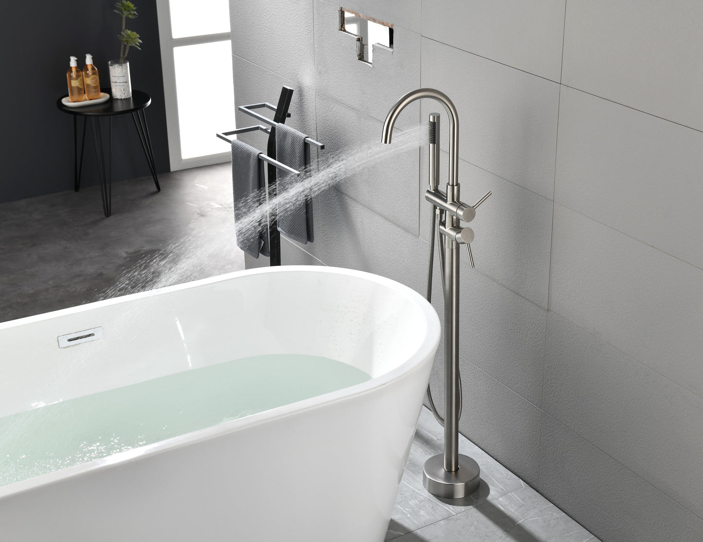Floor Mounted Tub Faucet High Flow Freestanding Tub Filler with Handheld Shower Swivel