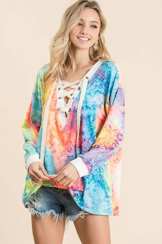 BiBi Tie Dye Deep V-neck Top With Lace Up Front