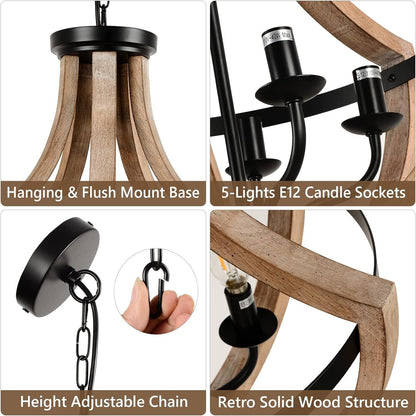 Chandelier Farmhouse 5-Light Solid Wood Adjustable Brown Dining Kitchen