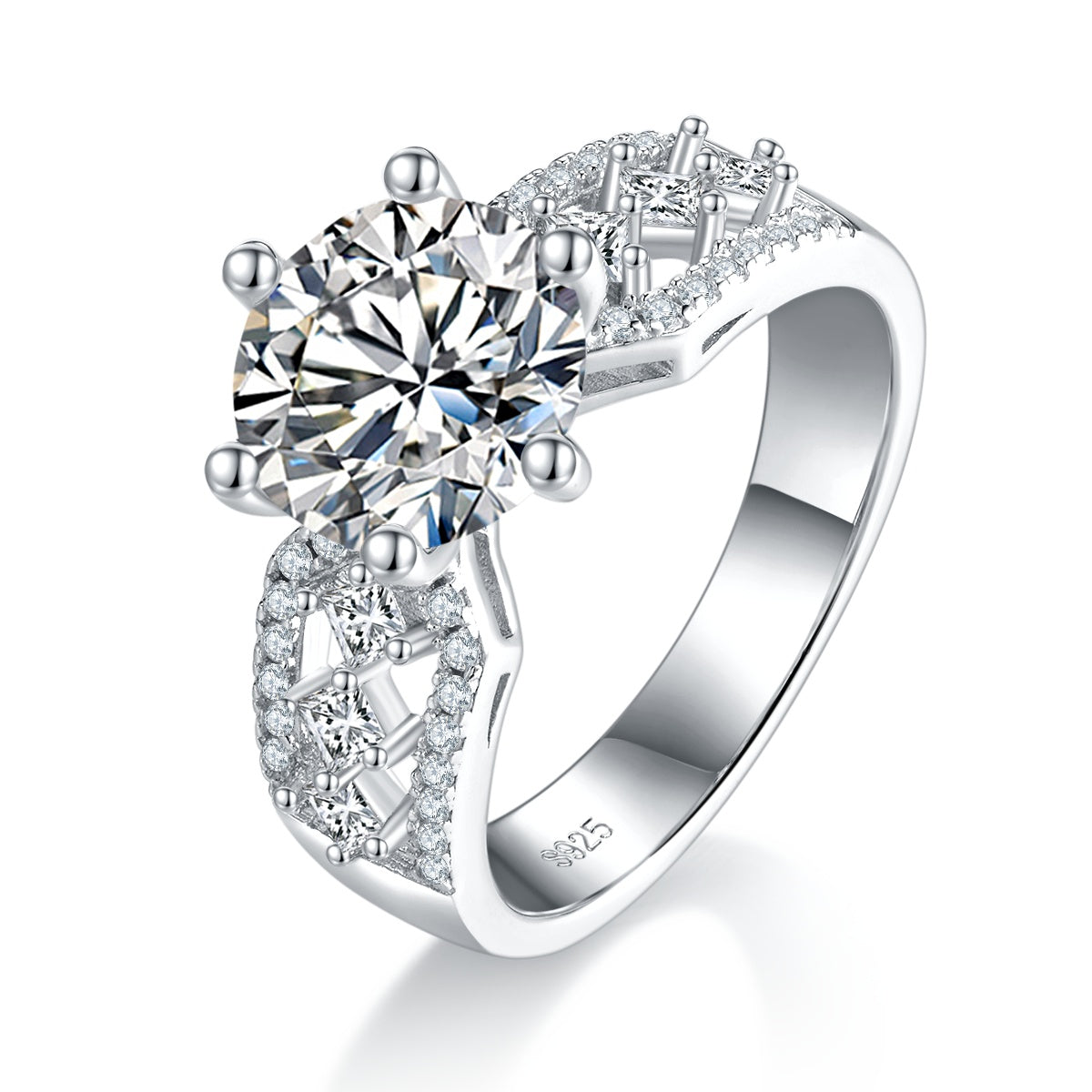 S925 Sterling Silver 3ct Moissanite Ring, 9mm Round Cut 6-Prong, D-VVS1 Platinum Plated US Sizes 5-9, GRA Certified Gift Box
