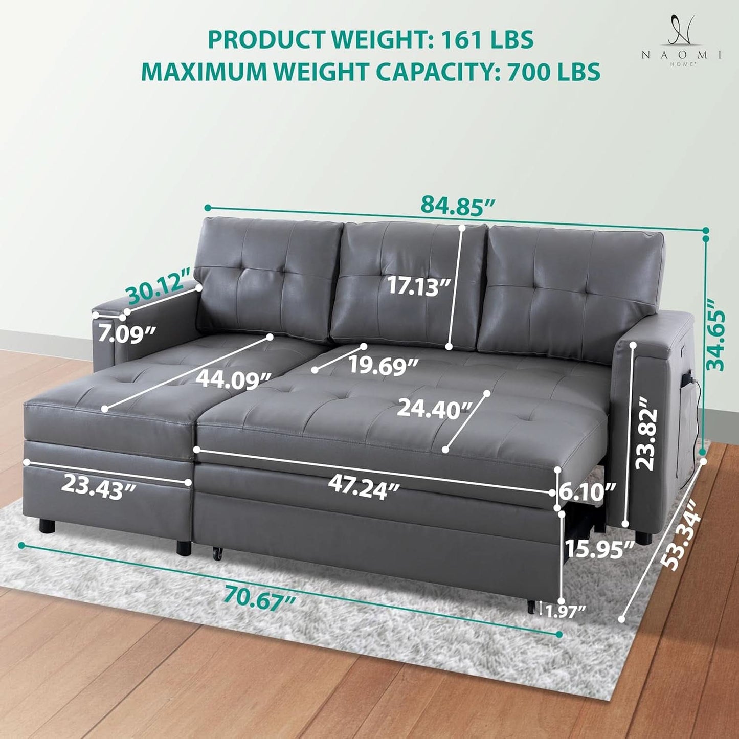 L Shaped Sectional Sleeper Sofa With USB Ports Gray Leather