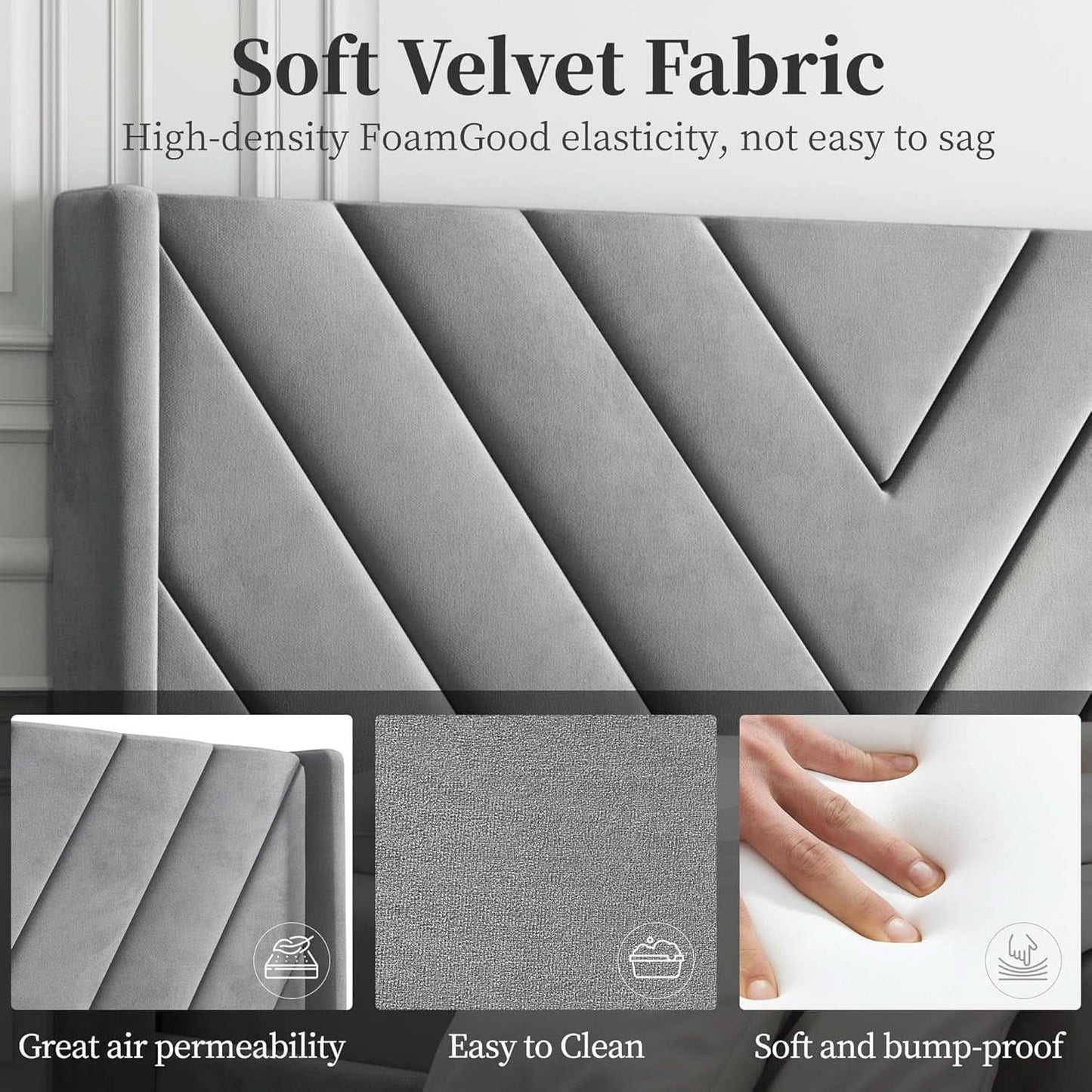 Queen Upholstered Bed Frame With Winged Tufted Headboard Light Gray