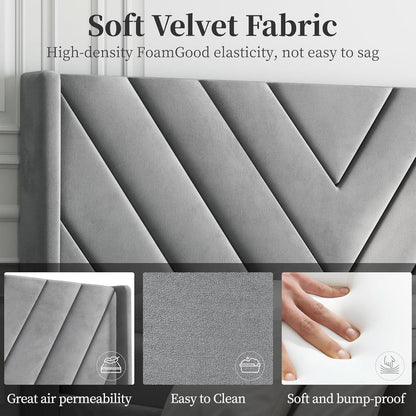Queen Upholstered Bed Frame With Winged Tufted Headboard Light Gray