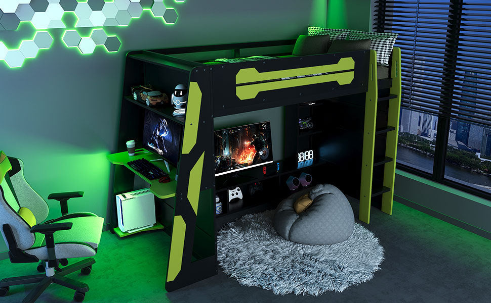 Twin Size Wood Loft Bed with Desk, Multi-storage Shelves and RGB Light, Green