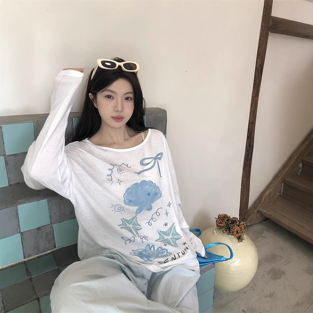 Laid-back Shell And Starfish Print Sun-Protective Cover-Up Top