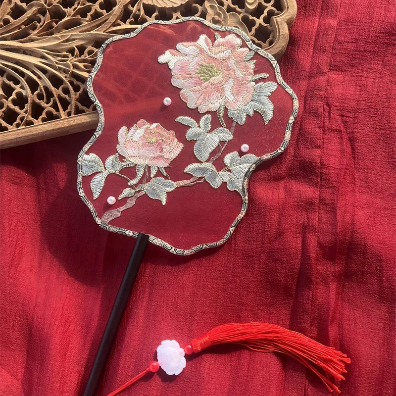 Ancient Style Fan Chinese Style Hanfu Dance Shooting Long Handled Embroidered Classical Double Sided Fan Female Decorative Fan