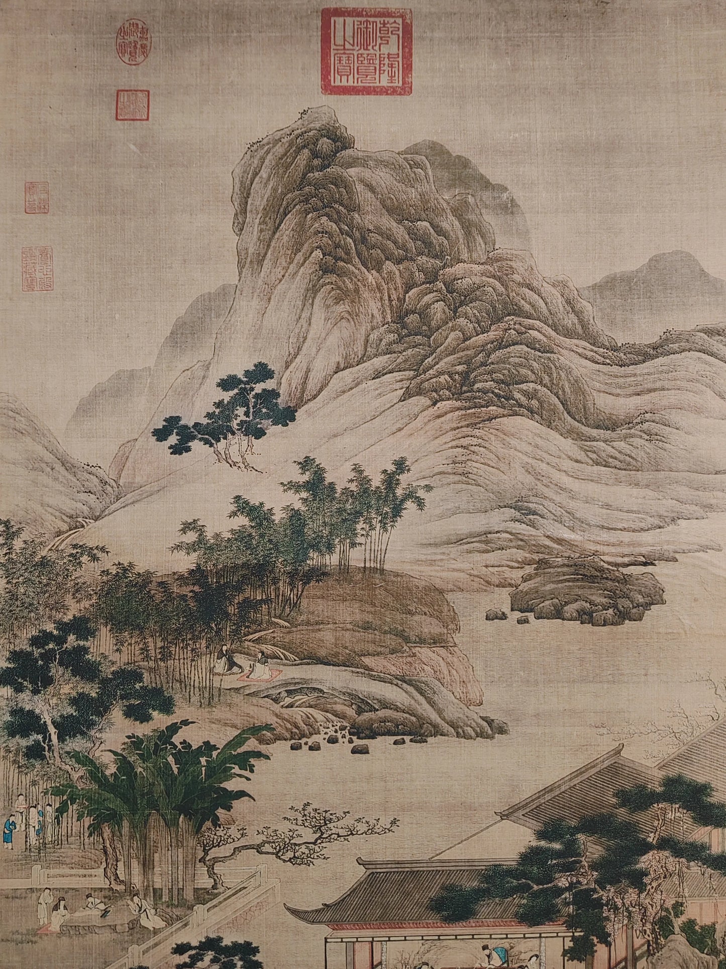 A wall scroll hanging painting of Qiu Ying's landscape on Chinese Xuan paper for the central hall decoration