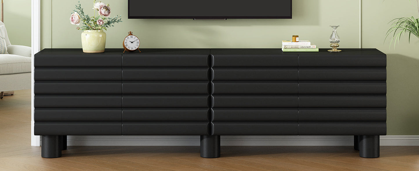TV Stand Wavy Door Black MDF 4-Cabinet Cylindrical Legs Fits 70 In TV