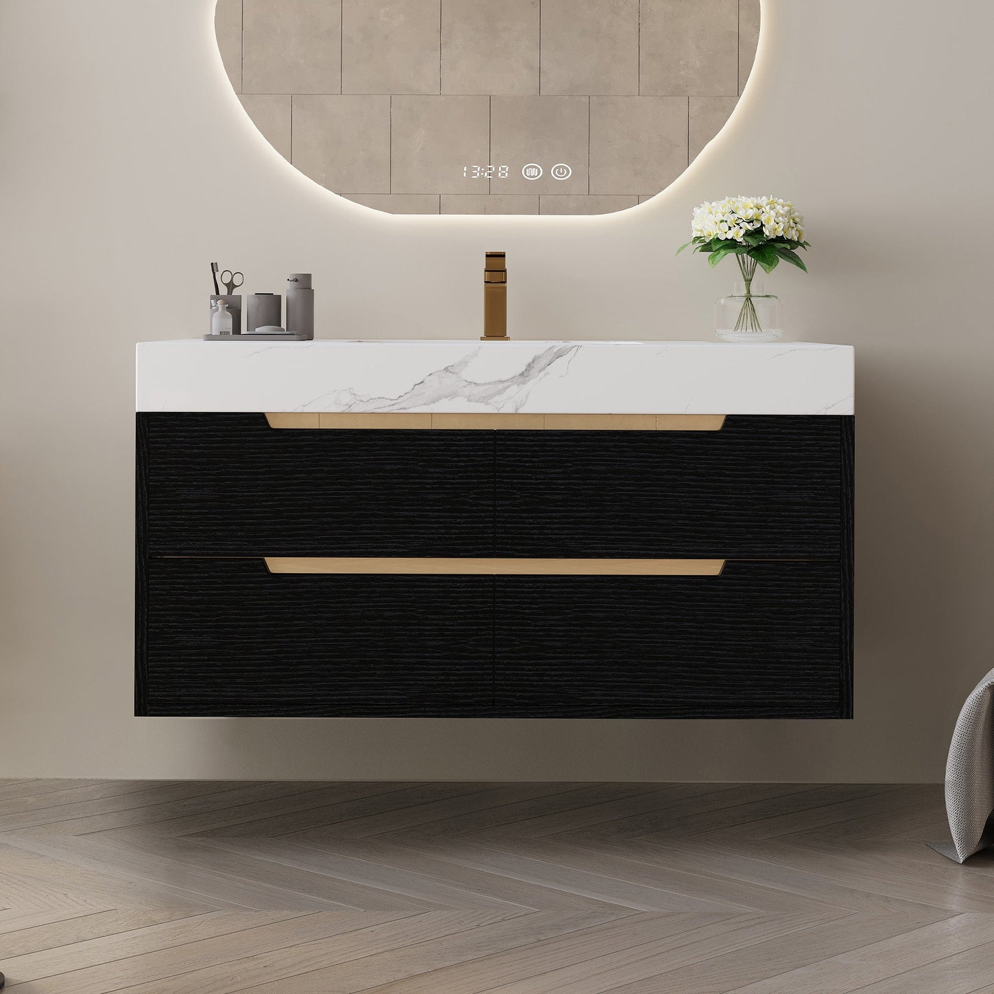 35.4' Modern Bathroom Vanity with Undermount Sink, Sintered Stone Top, Waterp...