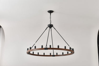 Chandelier Wood Wagon Wheel 20-Light Farmhouse Matte Black 39.3 In