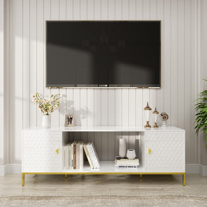 TV Stand Fireplace Space MDF White Honeycomb Door Gold Legs 80 LB 70 In