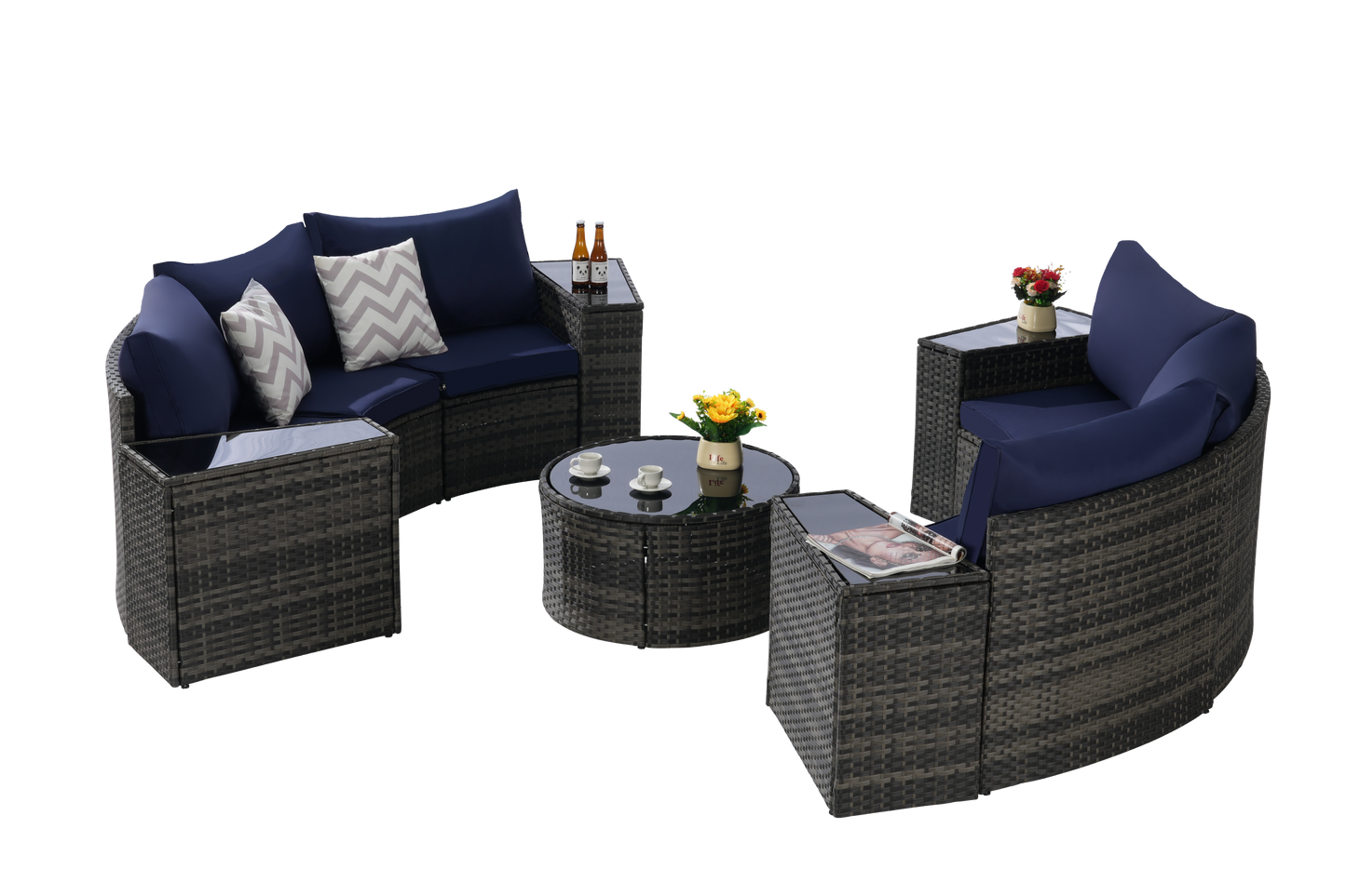 Outdoor Sectional Set PE Rattan Dark Blue Half Moon 11 Piece