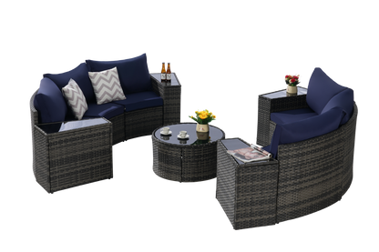 Outdoor Sectional Set PE Rattan Dark Blue Half Moon 11 Piece