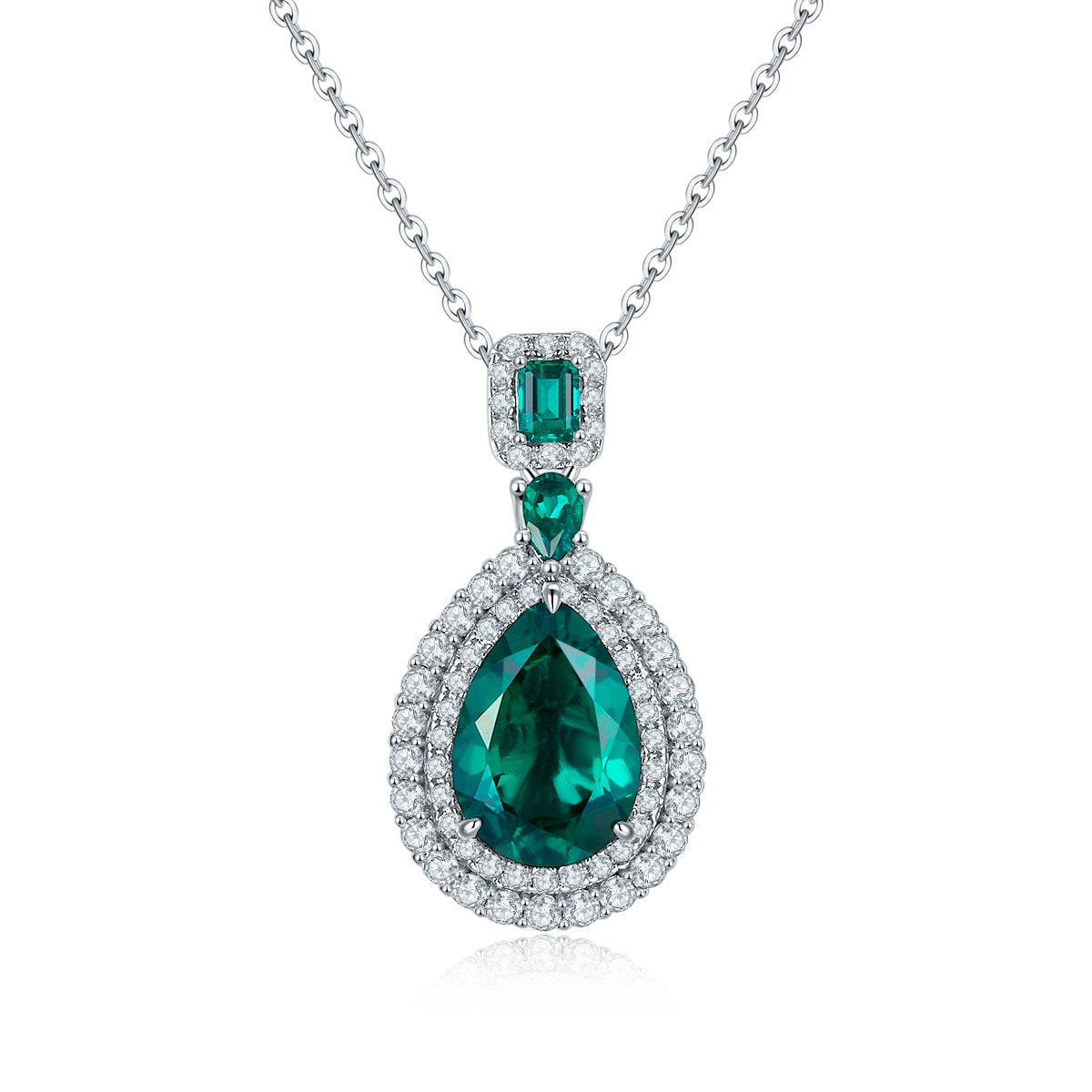 S925 Sterling Silver Lab-Grown Ruby Emerald Necklace, 13x9mm Pear Double Halo Pendant, Platinum Plated 40&45cm Chain, 5.8g Women's Gift Box