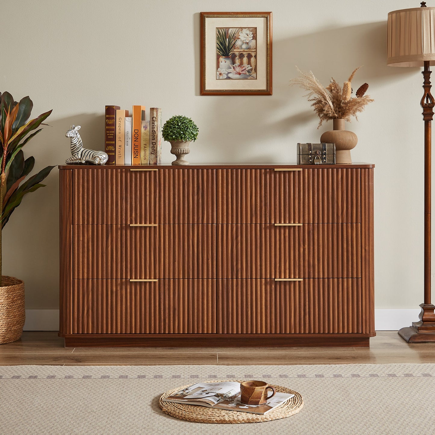 Dresser Modern 6-Drawer Walnut MDF Wave Texture 55.1x15.75x31.5 In 150 LB