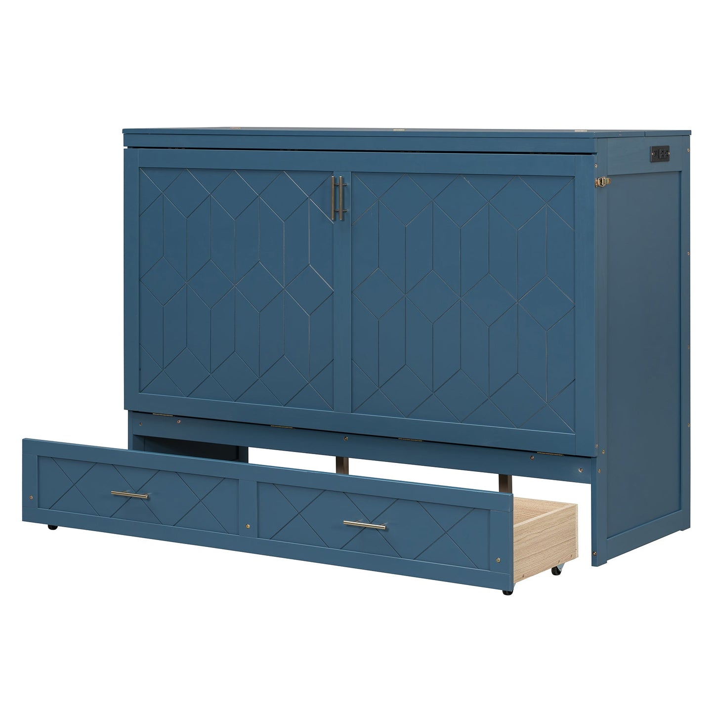 Queen Size Murphy Bed Wall Bed with Drawer and Sockets and USB Ports, Navy Blue