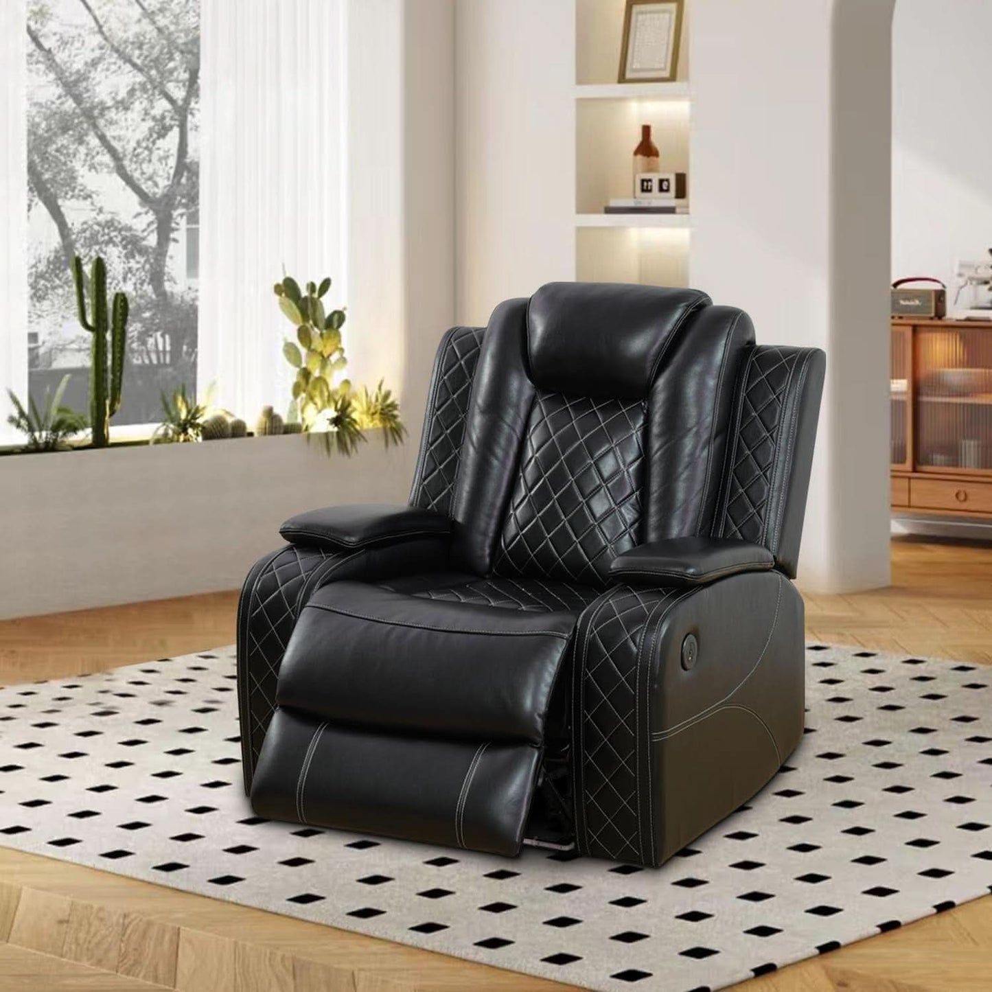Power Reclining Leather Sofa Set With USB Ports Black