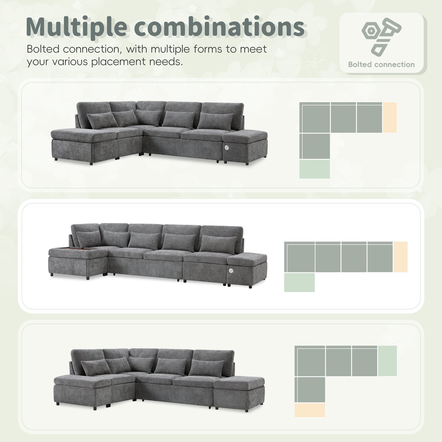 Sofa Bed L-Shape Chenille Gray 6 Seat Pull-Out USB Ports 107 In