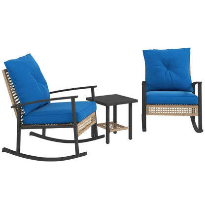 Outdoor Rocking Chair Set PE Rattan Steel Blue 3 Piece