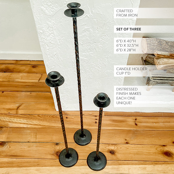 Tall Hand-Forged Cast Iron Floor Candle Holders, Set of 3
