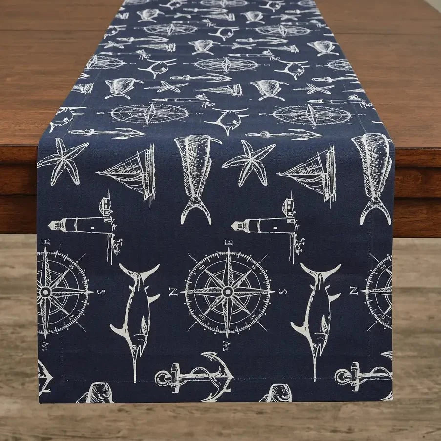 Captain's Quarters Table Runner 72"L Nautical Navy Print