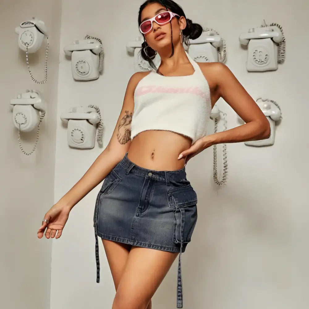 Cargo Pocket Long Tether Denim Skirt