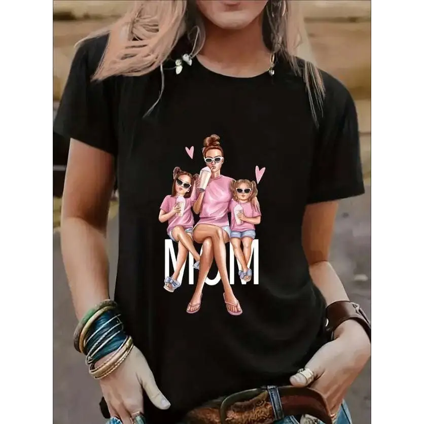 Cartoon Mom and Girls Graphic Tee