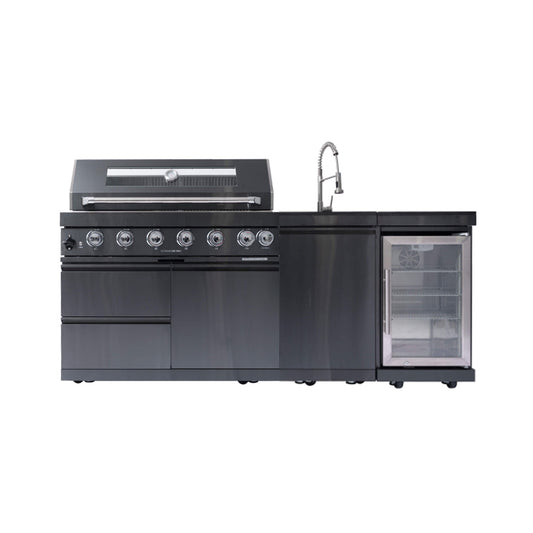 Castelle Flame Avalon 43-Inch 6-Burner 85K BTU Outdoor BBQ Kitchen Grill Island With Wine Fridge, Rotisserie Kit, And Sink (SAK23864)