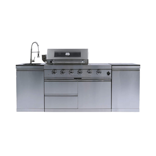 Castelle Flame Aurelia 46-Inch 4-Burner 72K BTU Stainless Steel Outdoor BBQ Kitchen Grill Island With 46-Inch 4-Burner 85K BTU Grill, Rotisserie Kit, And Cabinets (SAK93192)