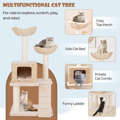 48 Inch Cattail Cat Tower with Sisal Scratching Posts Perch and Condo-Beige