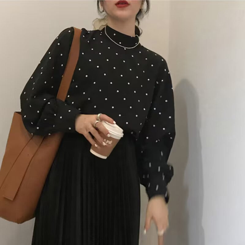 Black And White Polka-dot Turtleneck Relaxed-fit Puff-sleeve Base Shirt