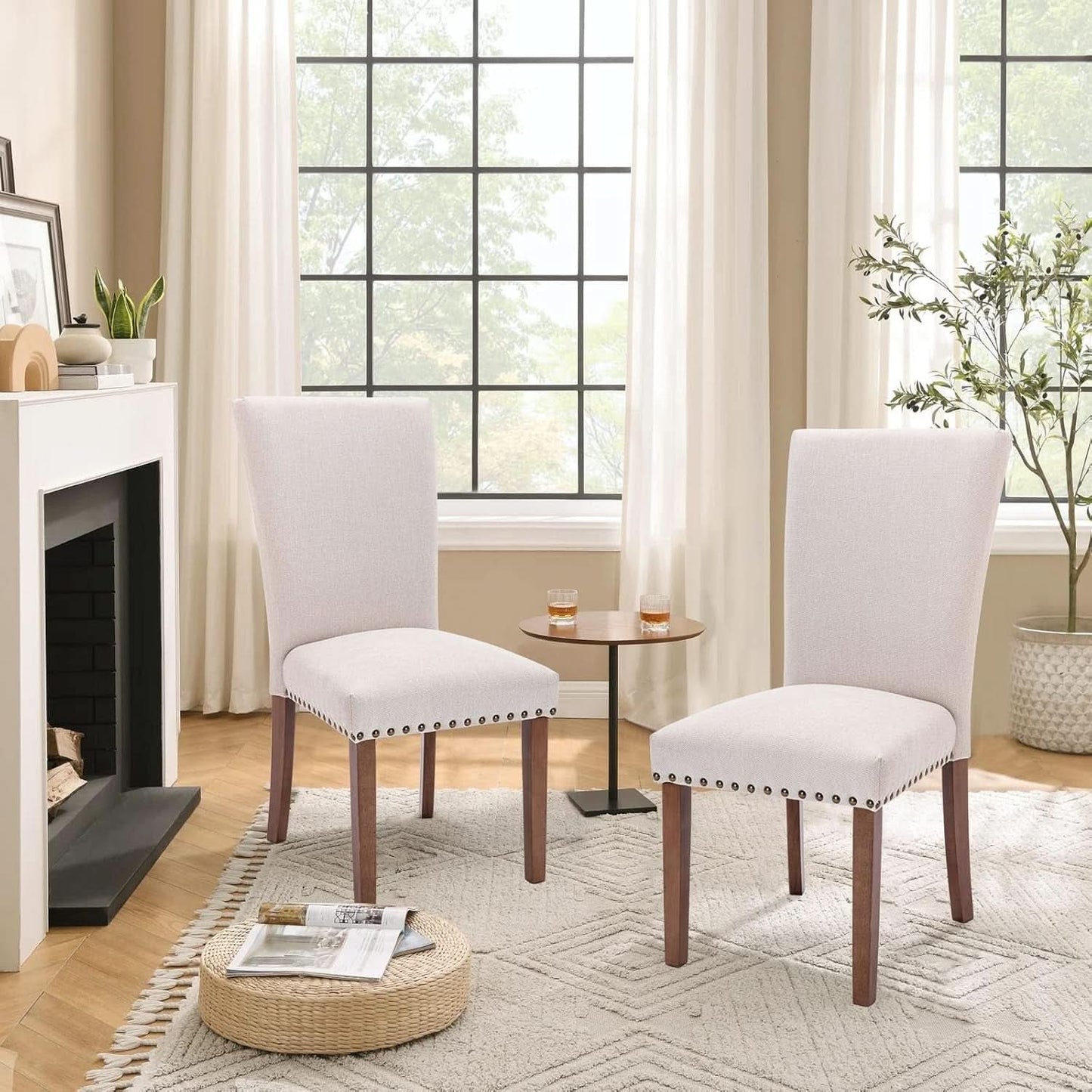 Parsons Dining Chairs Beige Upholstered Nailhead Set of 4
