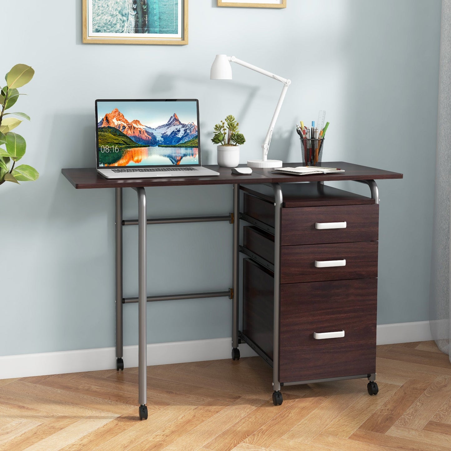 Home Office Folding Computer Laptop Desk Wheeled with 3 Drawers