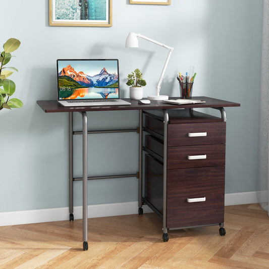 Home Office Folding Computer Laptop Desk Wheeled with 3 Drawers