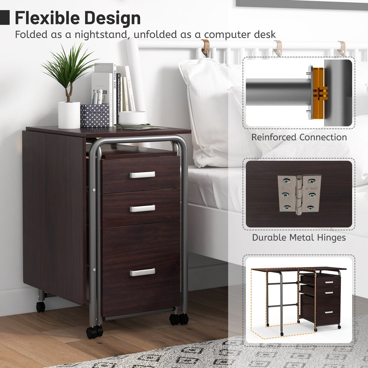 Home Office Folding Computer Laptop Desk Wheeled with 3 Drawers