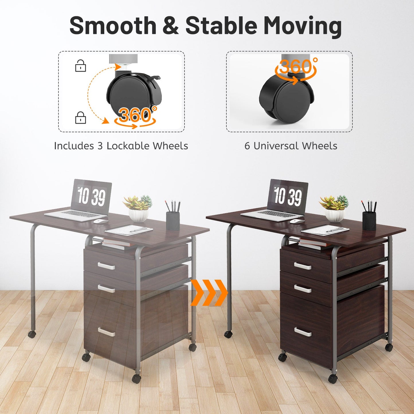 Home Office Folding Computer Laptop Desk Wheeled with 3 Drawers