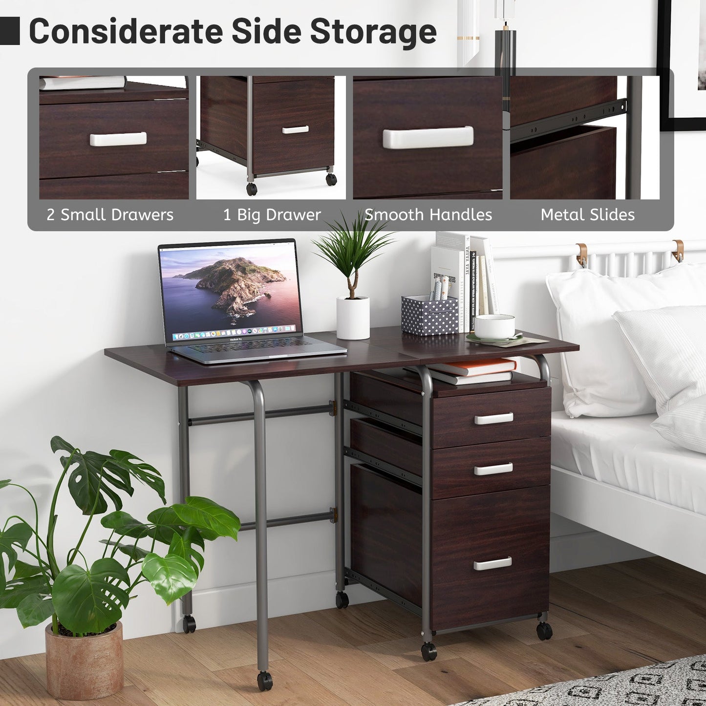Home Office Folding Computer Laptop Desk Wheeled with 3 Drawers
