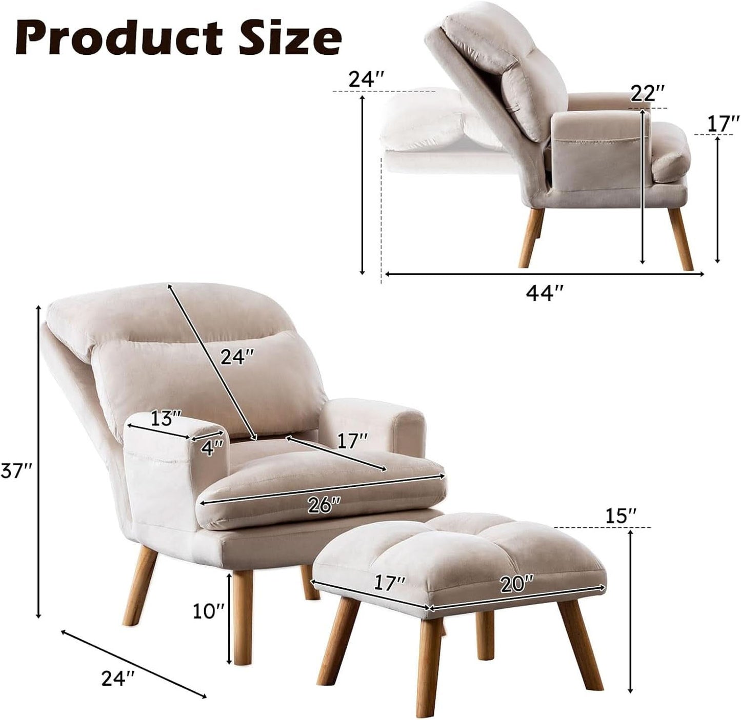 Beige Accent Chair With Ottoman Adjustable Backrest
