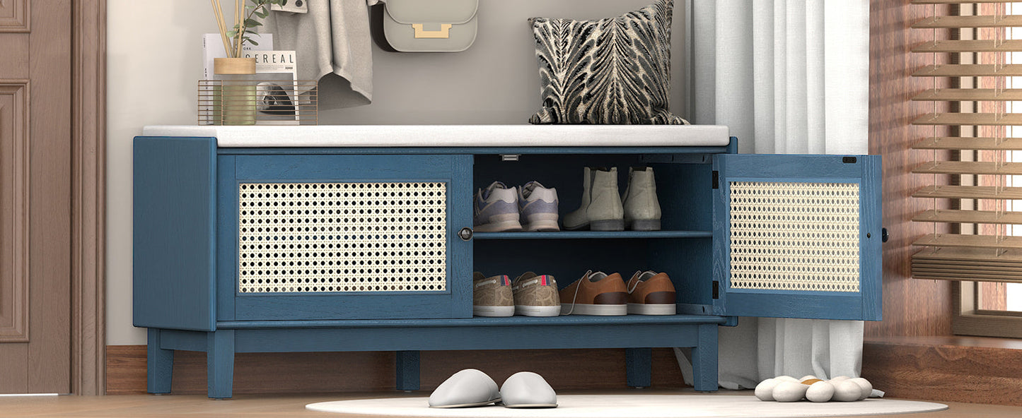 Boho Rattan Entryway Bench with Storage, Cushioned Shoe Bench with Double