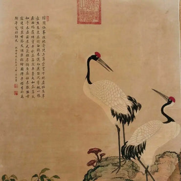 Vintage Chinese Scroll – Peach and Crane Rice Paper Painting