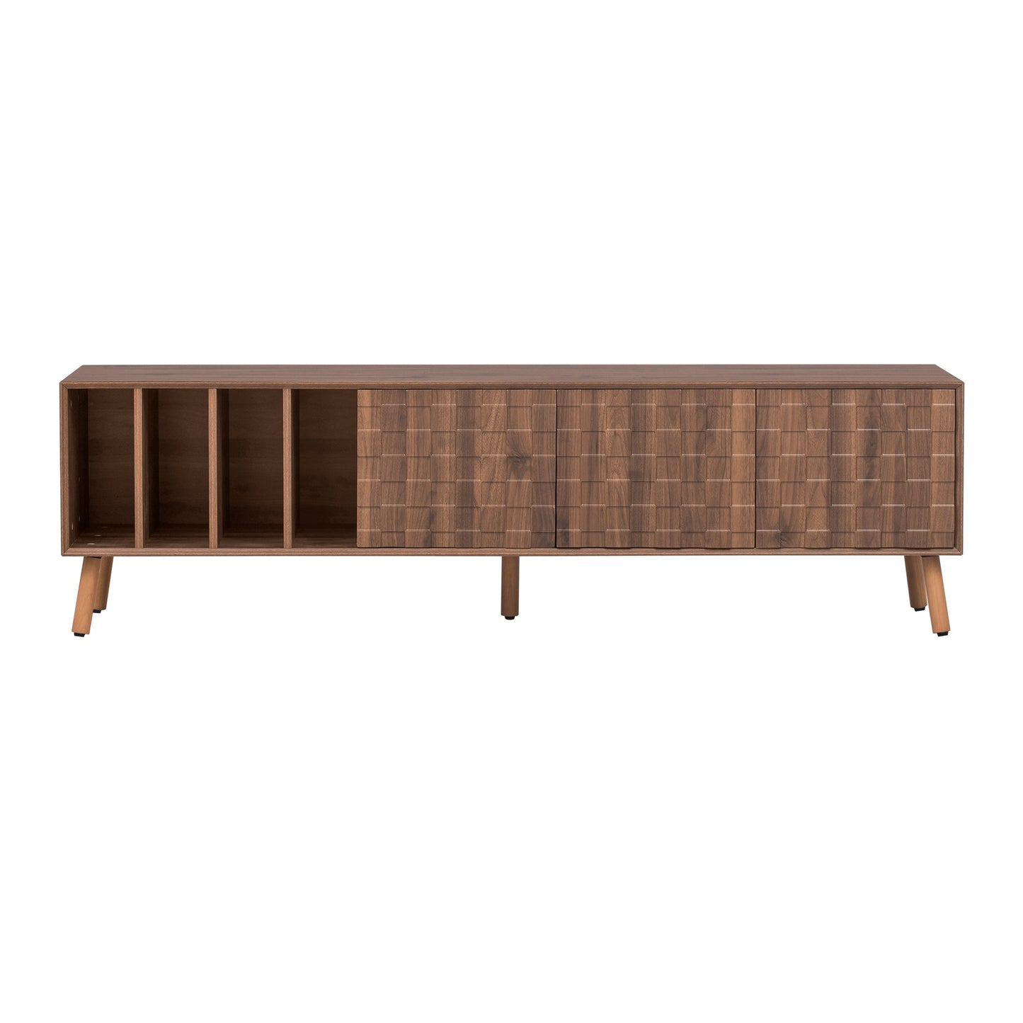 Mid-Century Walnut TV Stand 80" Push-Pop Doors MDF Wood