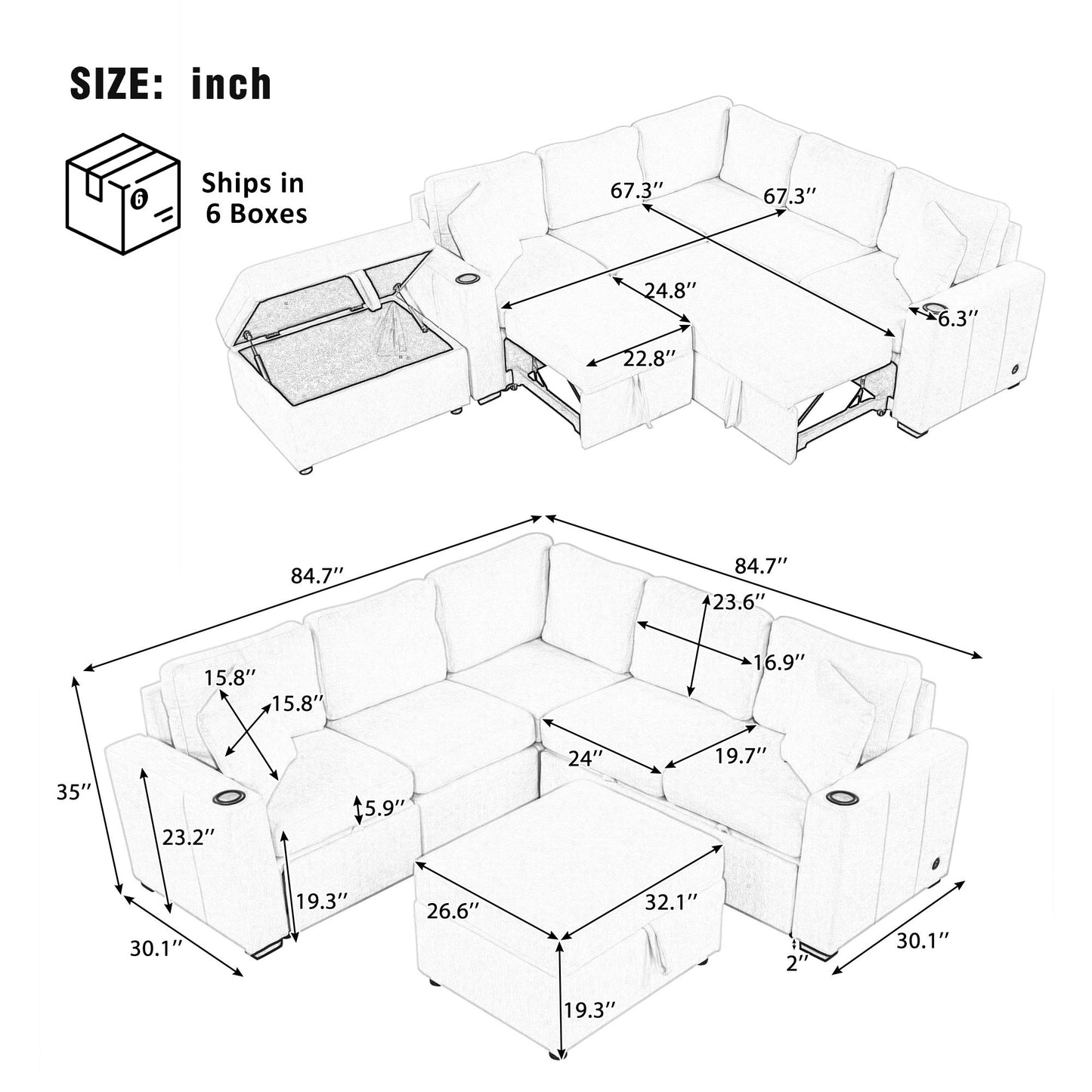 84" Sectional Sofa Convertible Pull-Out USB Gray
