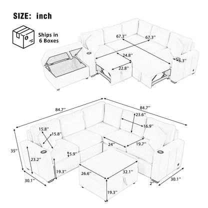 84" Sectional Sofa Convertible Pull-Out USB Gray