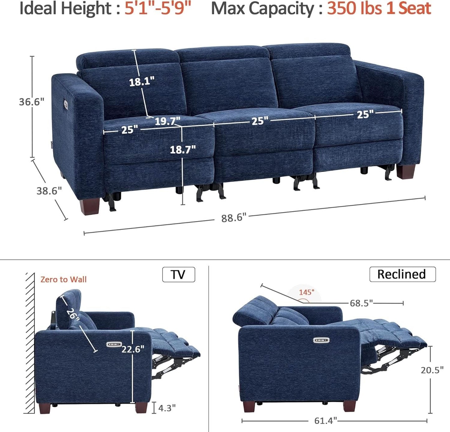 Navy Blue Zero Wall Hugger Power Reclining Sofa USB Ports