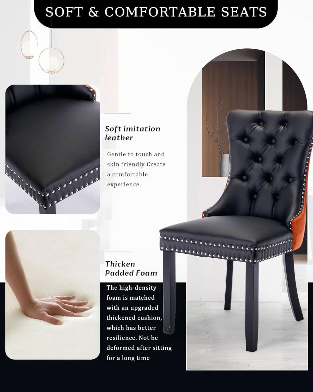Leather Dining Chair Set Of 2 Tufted Black And Orange
