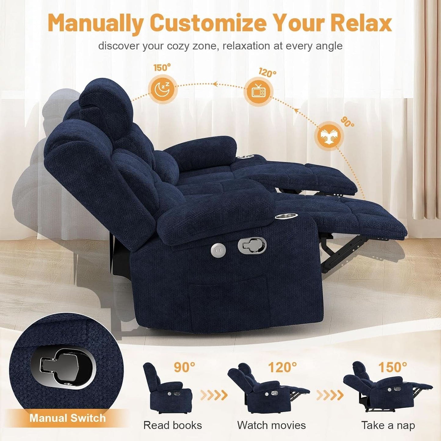 Blue Loveseat Recliner Sofa With Flip Backrest Manual