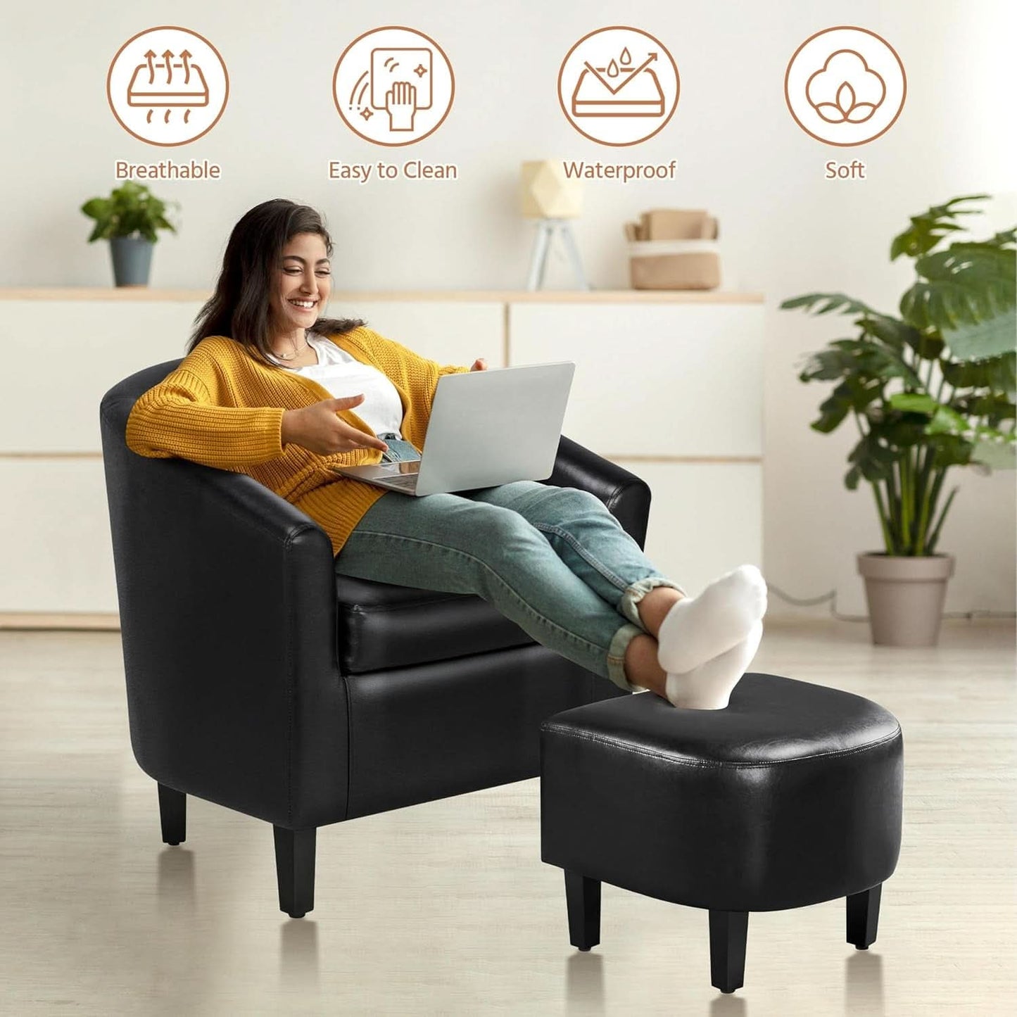 Modern Black Faux Leather Accent Chair With Ottoman Set