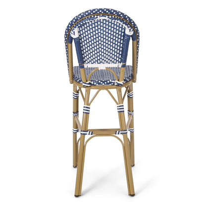 Outdoor PE Rattan French Barstool Set, Dark Teal and White, Aluminum Frame,