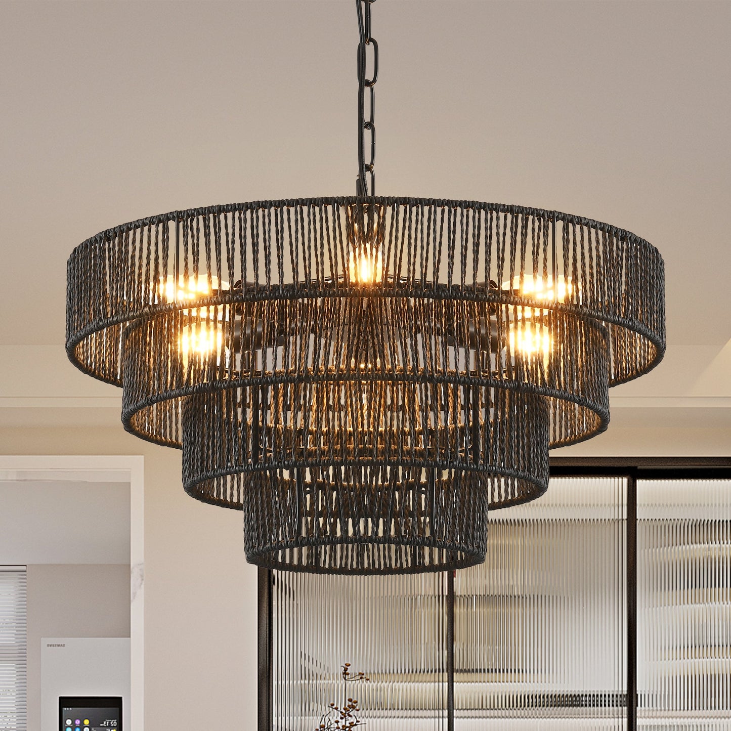 Chandelier 4-Tier Black Hemp Rope Pendant 6-Light Boho 20 In Dining